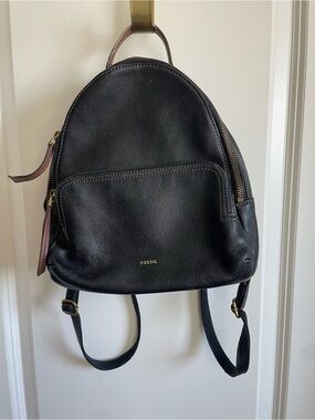 Fossil Black Pebbled Leather Mini Backpack with Bronze Hardware